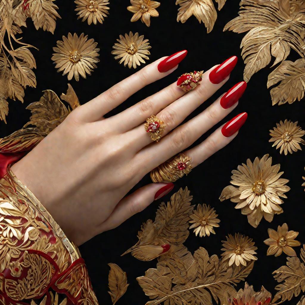 Крупный кадр руки с длинными красными ногтями и золотым цветочным дизайном
