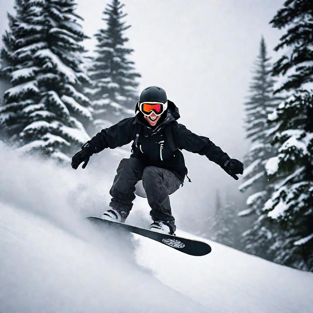 Крупный портрет сноубордиста, улыбающегося во время прыжка на фоне размытых снегопадом сосен в туманный зимний день в горах.