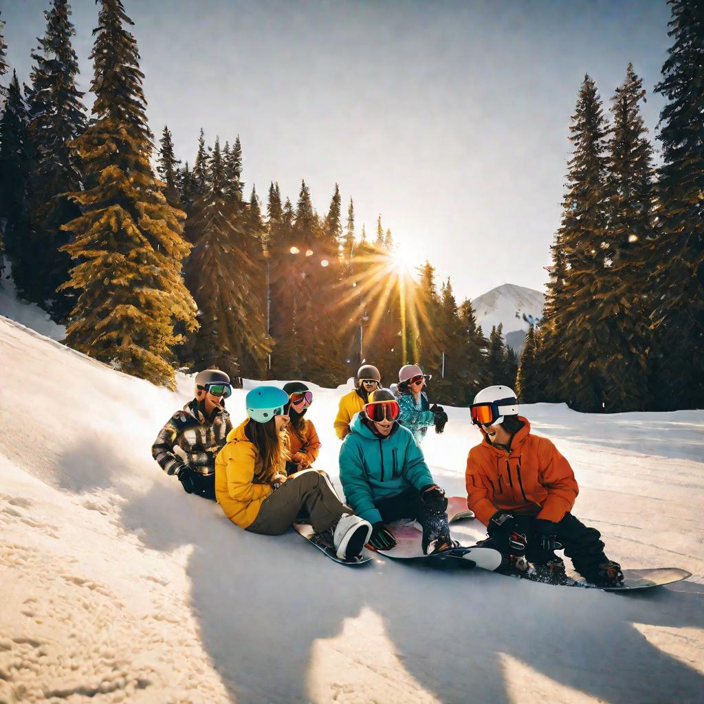 Средний план группы из 5 сноубордистов, сидящих на снегу и смеющихся в конце солнечного дня в сноуборд-парке.