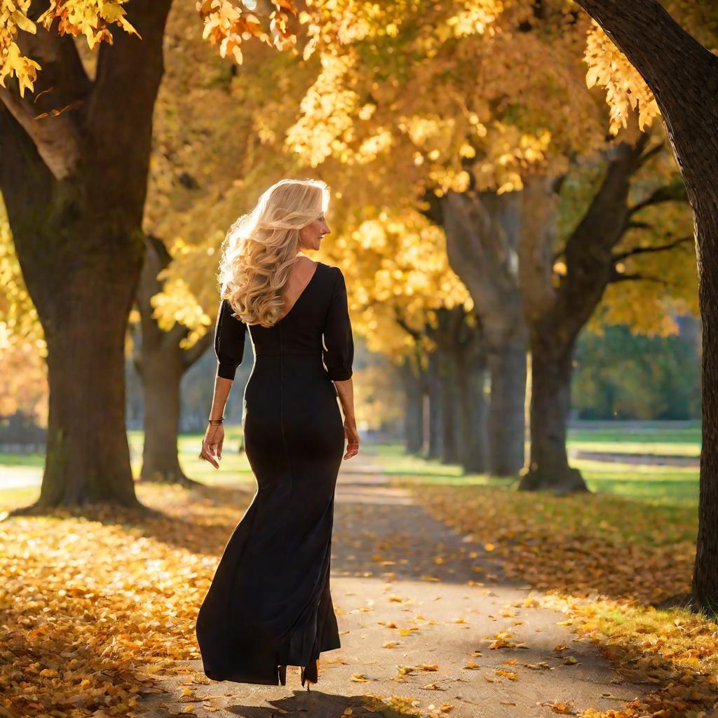 Элегантная женщина 50 лет в черном вечернем платье идет по аллее парка в солнечный осенний день.