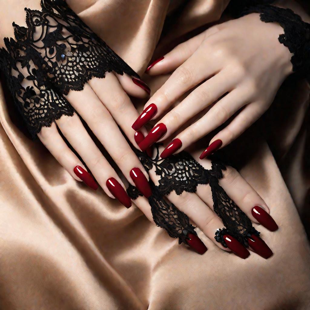 Красивые женские руки в крупным планом с красным маникюром и черным кружевным узором на ногтях