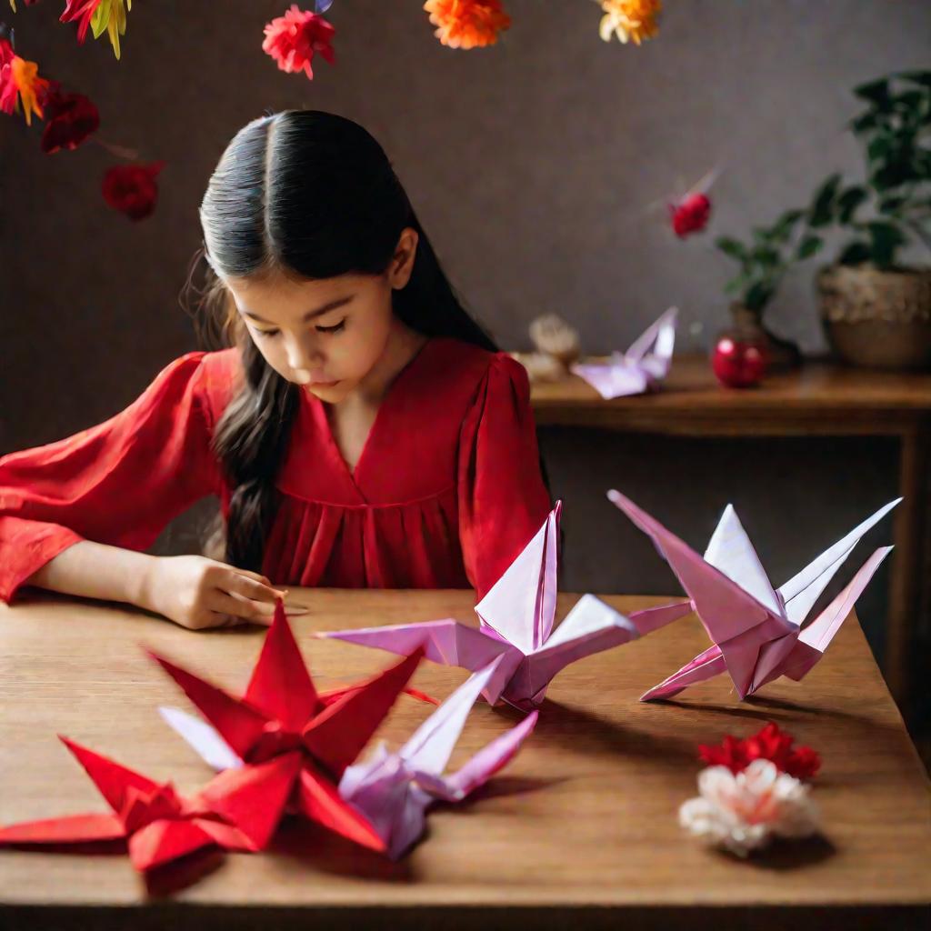 Девочка делает оригами журавля