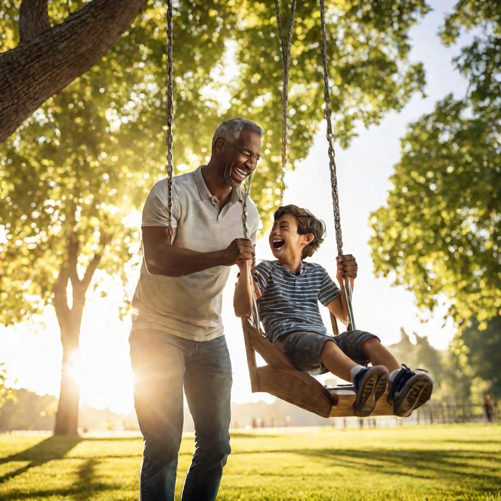 Папа качает сына на качелях в парке в солнечный летний день