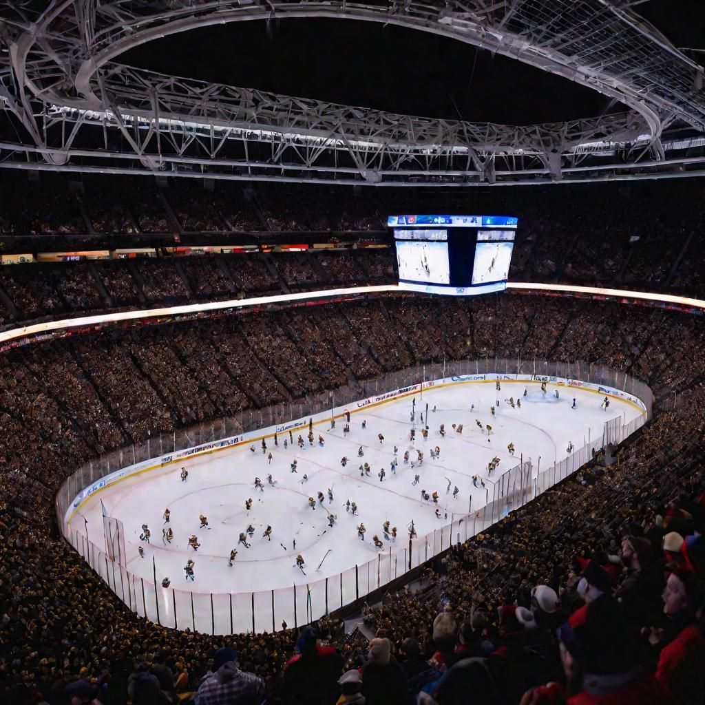 Вид стадиона НХЛ во время ночного матча, заполненного тысячами болельщиков в цветных майках