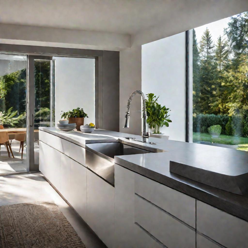 Современная бело-серая кухня с большим окном и минималистичным белым фартуком