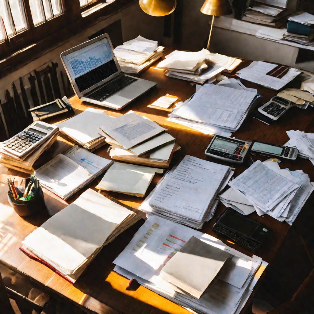 Вид сверху на беспорядочный рабочий стол, заваленный бумагами, книгами и калькулятором.