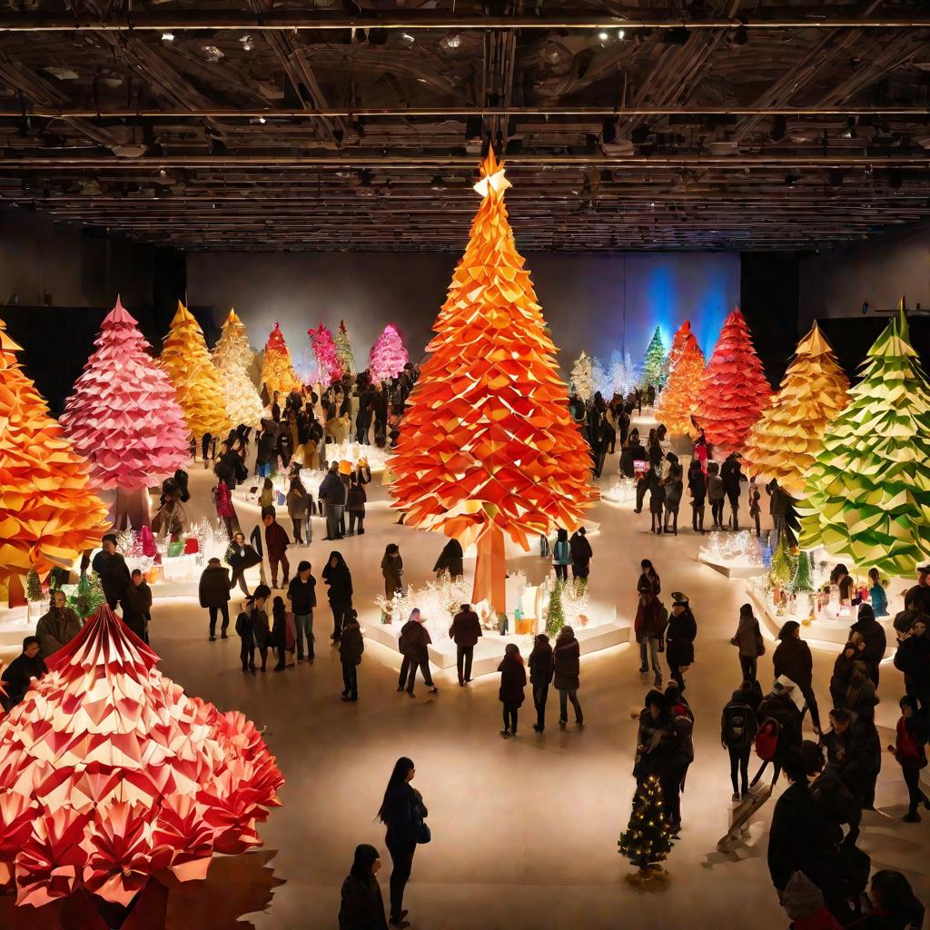 Выставочный зал с рядами высоких елок оригами