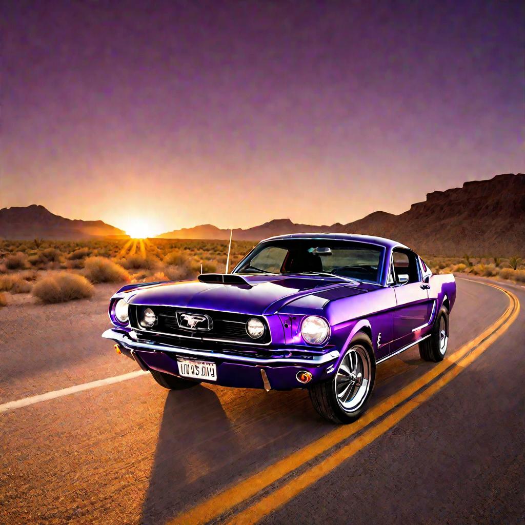 Фото классического фиолетового Форда Мустанга ретро стиля, снятое с низкого ракурса, на пустом двухполосном шоссе в пустыне. На заднем плане садится солнце. Мустанг оставляет за собой след из пыли, мчась по дороге навстречу теплому свету заката. Фонари и 