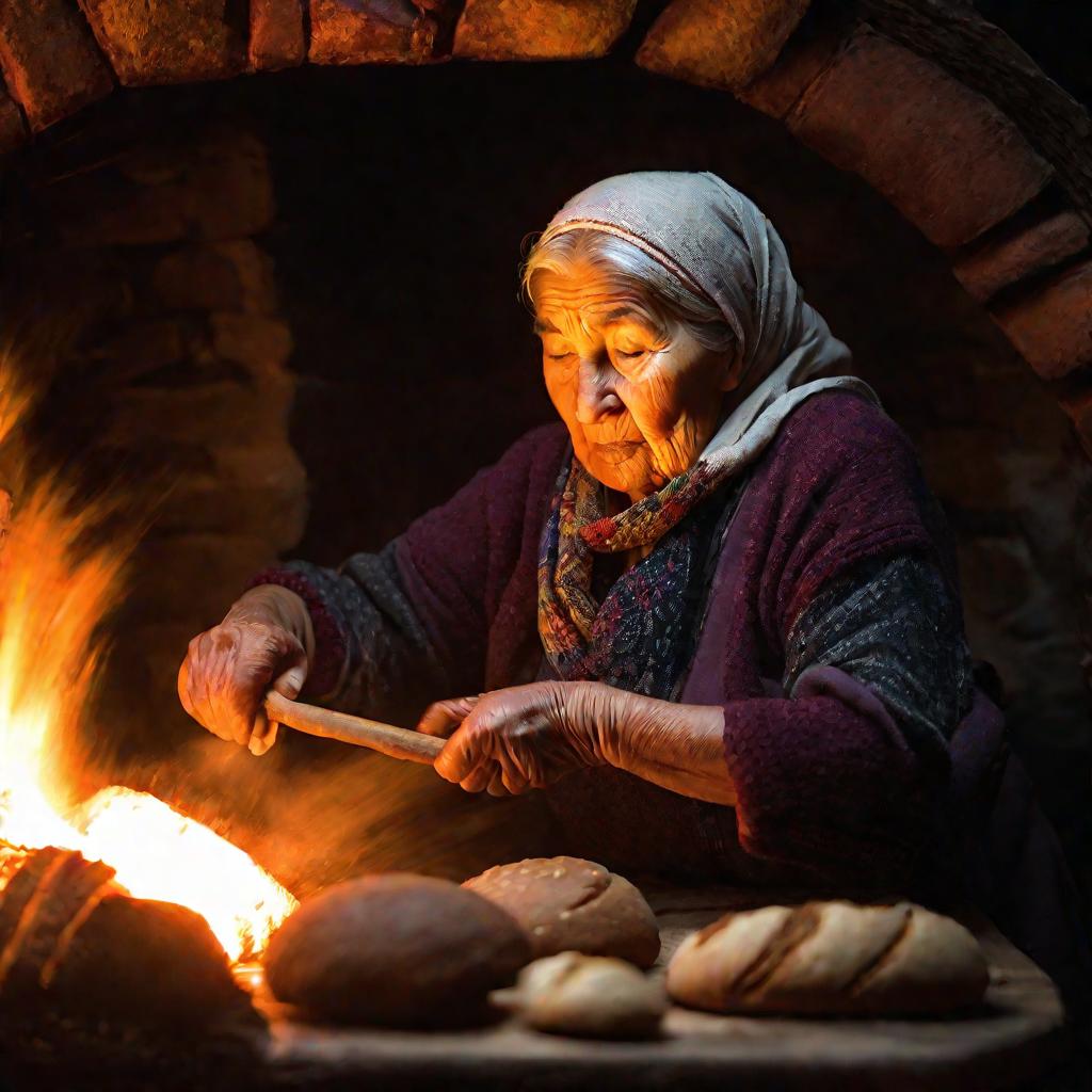 Бабушка печет хлеб в печи