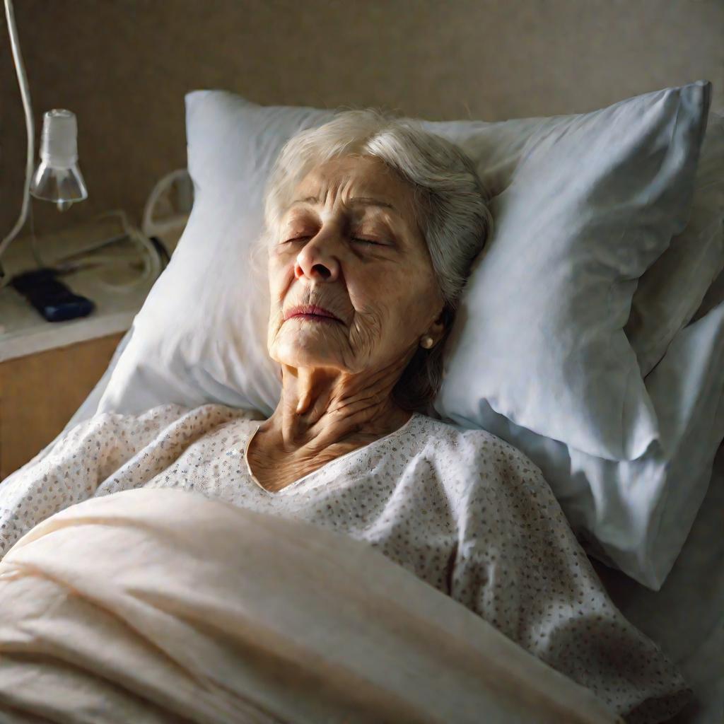Портрет пожилой больной женщины в больничной палате.