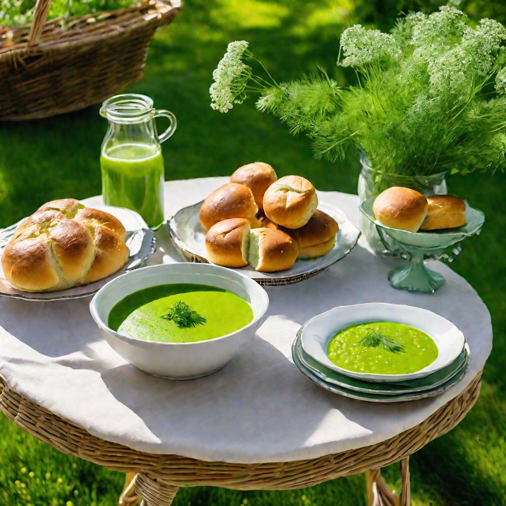 На столе накрытом в саду стоит тарелка с горячим гороховым супом, хлеб, стаканы с водой и цветы в вазе.