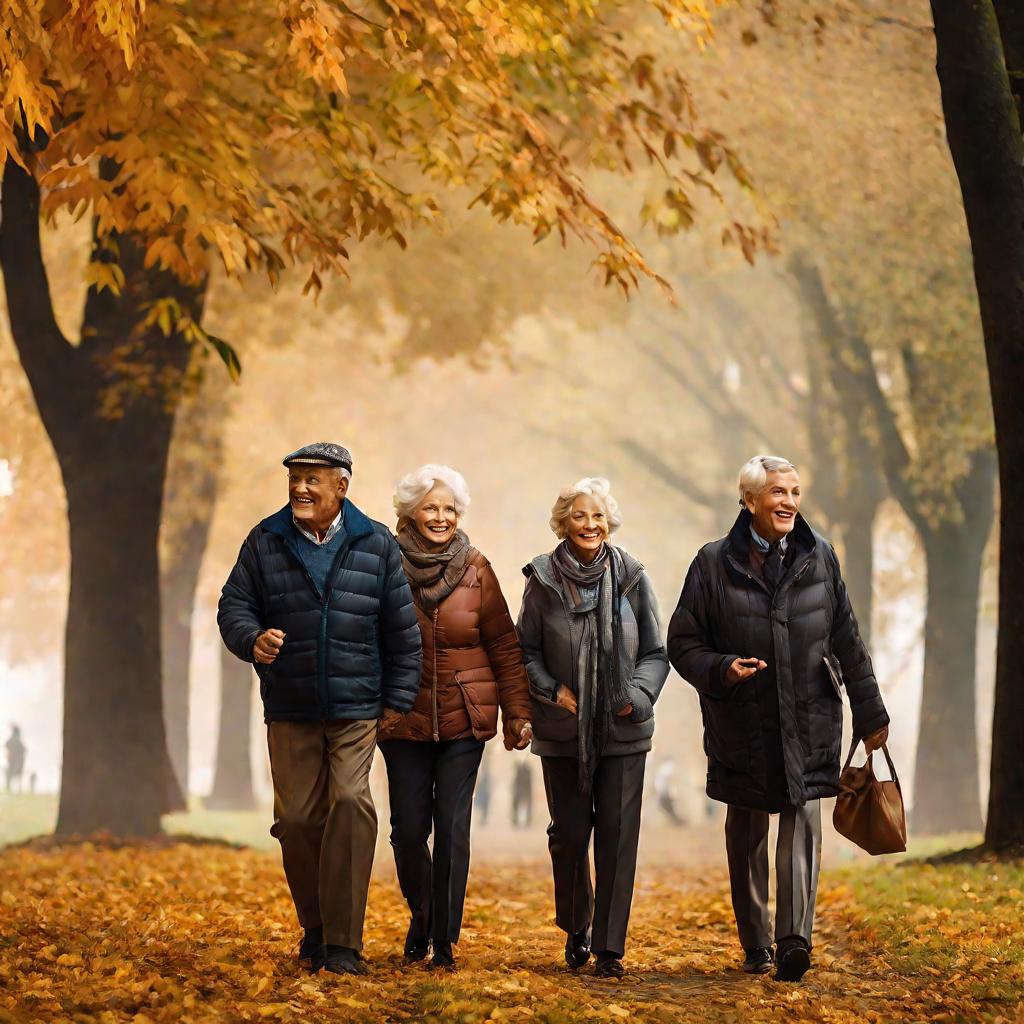 Группа пенсионеров гуляет по парку осенью