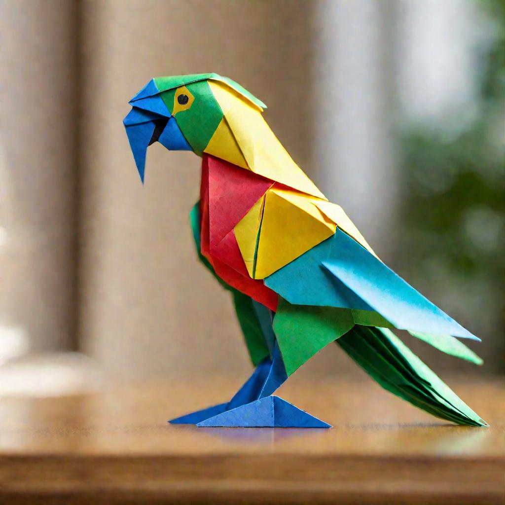 Крупный план фотографии оригами попугая из цветной бумаги, лежащего на деревянном столе. Попугай ярко раскрашен: зеленое тело, желтая голова и сине-красные сложенные крылья. Мягкий естественный свет из окна освещает сцену. Фон размыт, чтобы сфокусировать 