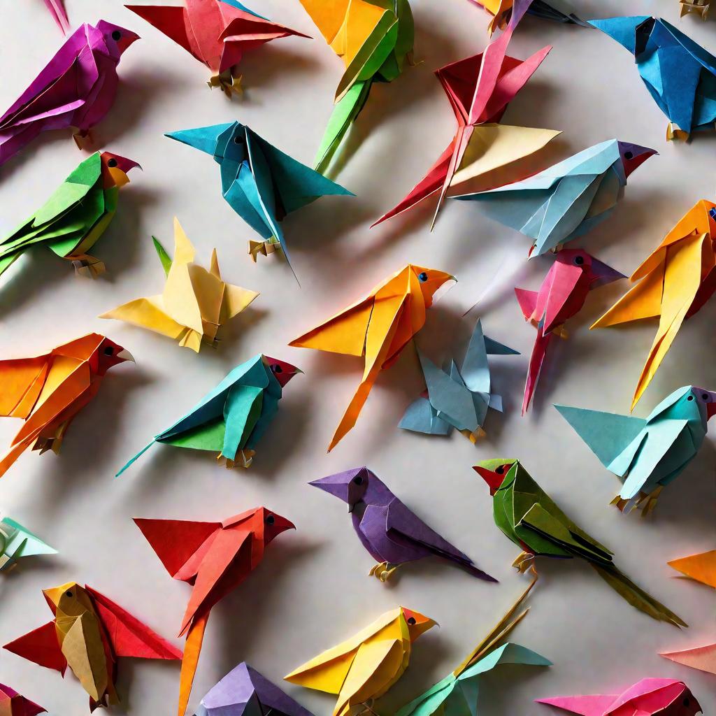 Вид сверху на коллекцию разноцветных оригами попугаев разных дизайнов, разложенных на столе. Текстура бумаги и замысловатые складки четко видны, освещенные дневным светом из окна. Яркие фигурки с причудливыми формами и позами, с динамично сложенными крыль