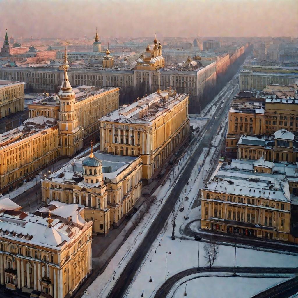 Вид Москвы 1950-х годов. Советские здания, машины, прохожие. Идет снег.