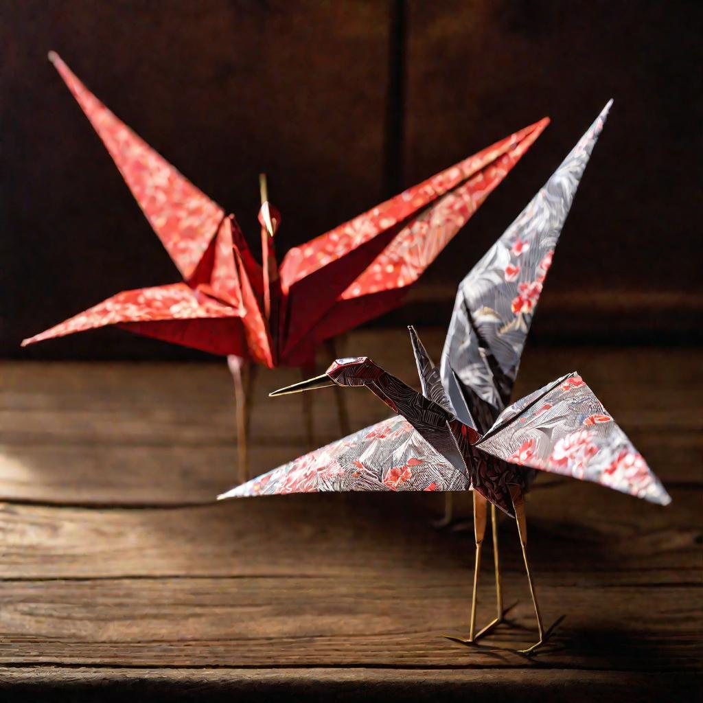 Пара журавликов оригами гордо стоят на деревянной поверхности на закате
