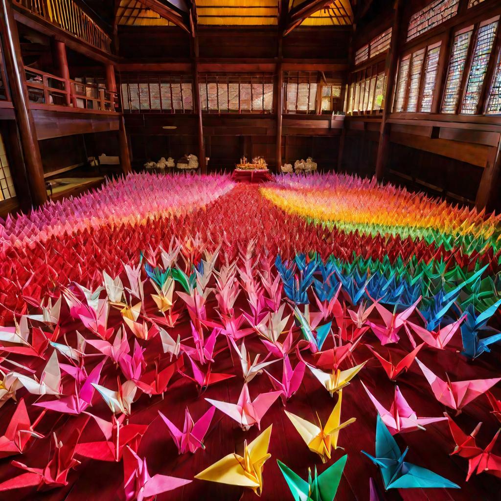 Сотни разноцветных журавликов оригами аккуратно разложены на полу в храме