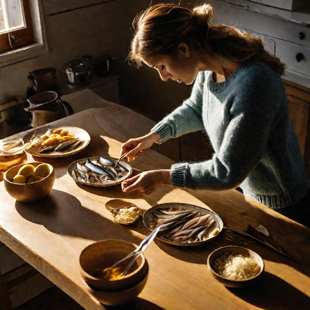 Женщина в свитере удаляет косточки из селедки пинцетом за кухонным столом