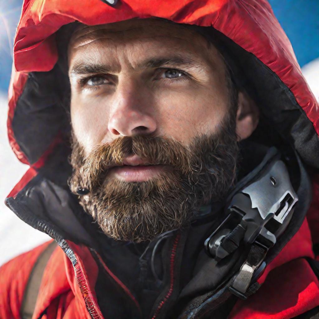 Портрет бородатого альпиниста в красной куртке и шлеме, серьезно смотрящего вдаль на фоне скал