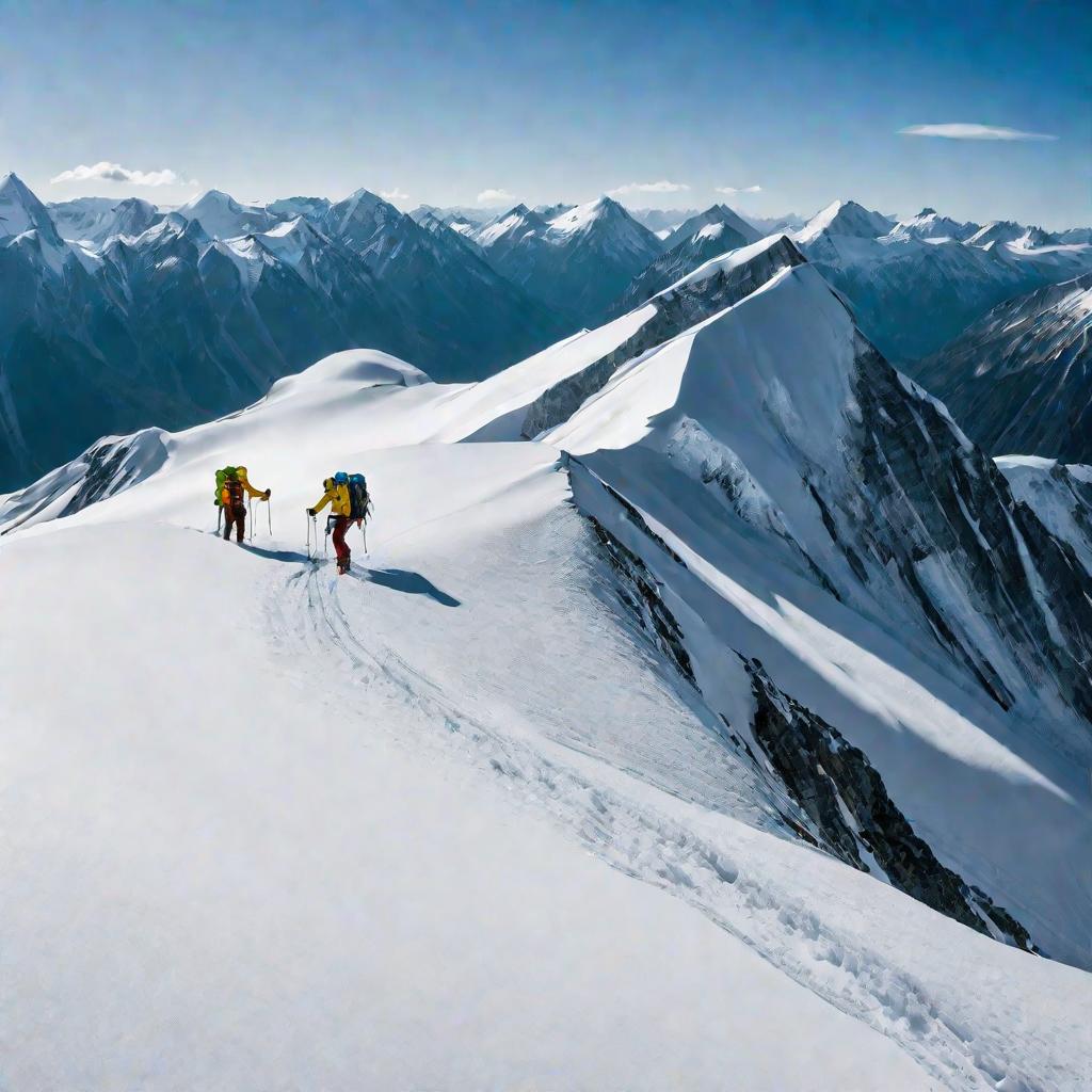 Двое альпинистов, привязанных веревкой, идут по снежному склону горы, оставляя следы в свежем снегу на фоне вершин