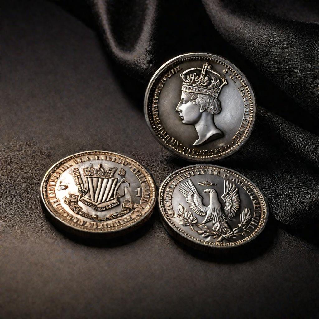 Старинная серебряная монета с видимым дефектом чеканки - удвоенным изображением