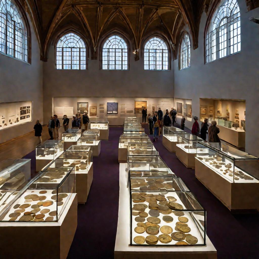 Обзор музейной экспозиции монет, демонстрирующей старинные и редкие экземпляры
