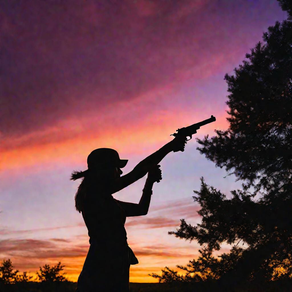 Женщина с сигнальным пистолетом на фоне заката