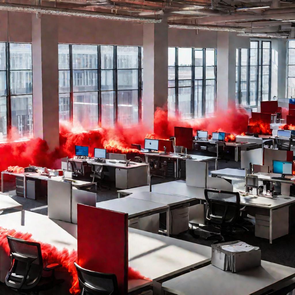 Вид сверху на современный офис с несколькими видными красными порошковыми огнетушителями.
