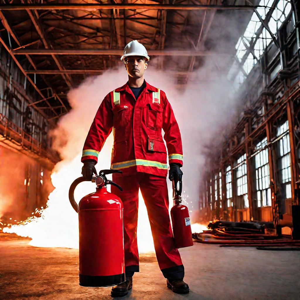Рабочий в униформе держит большой красный огнетушитель, направляя его на воображаемый пожар.
