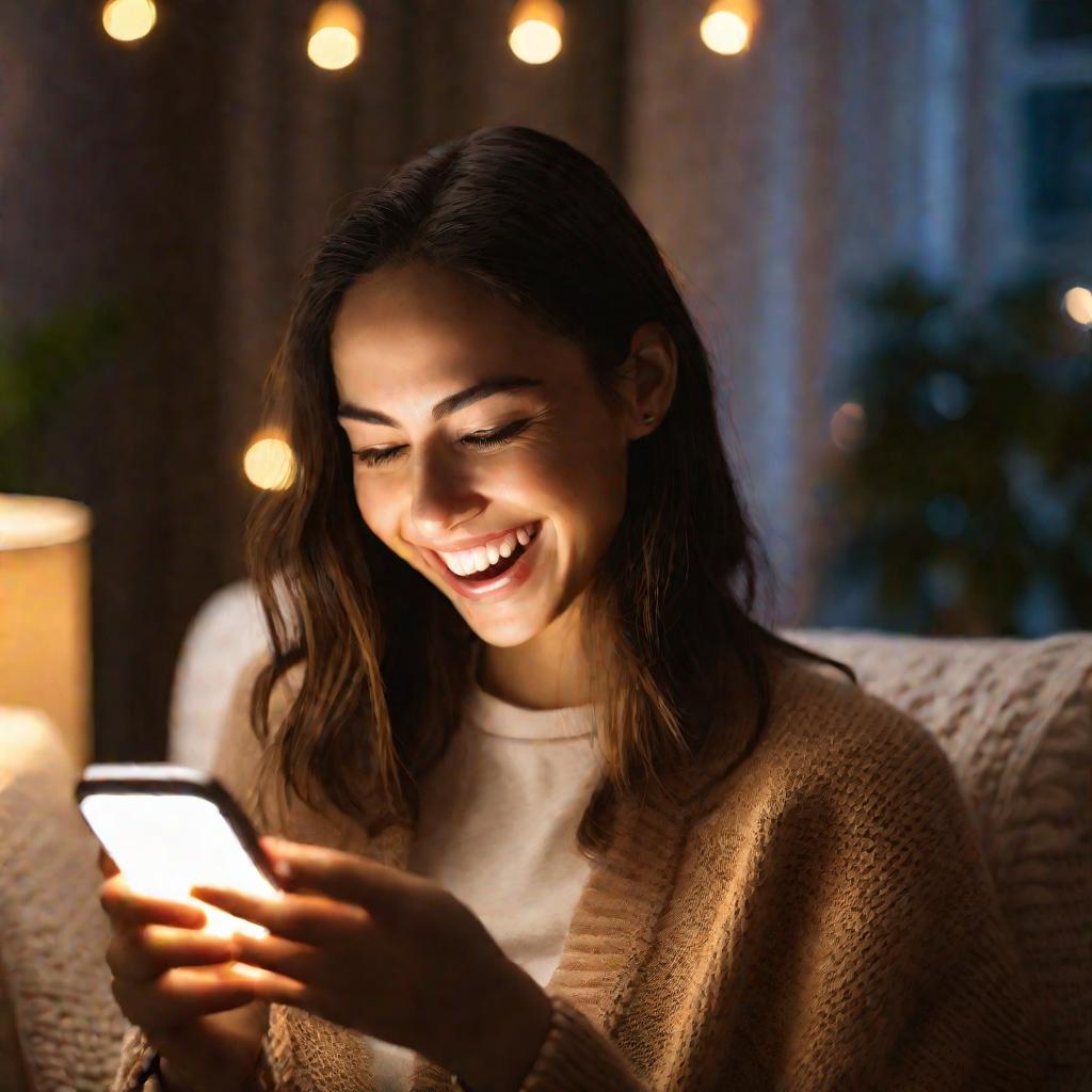 Крупный портрет улыбающейся молодой женщины, смотрящей на экран телефона, освещенный мягким теплым светом, в уютной гостиной вечером. У нее восторженное, радостное выражение лица, она явно довольна тем, что видит на экране.