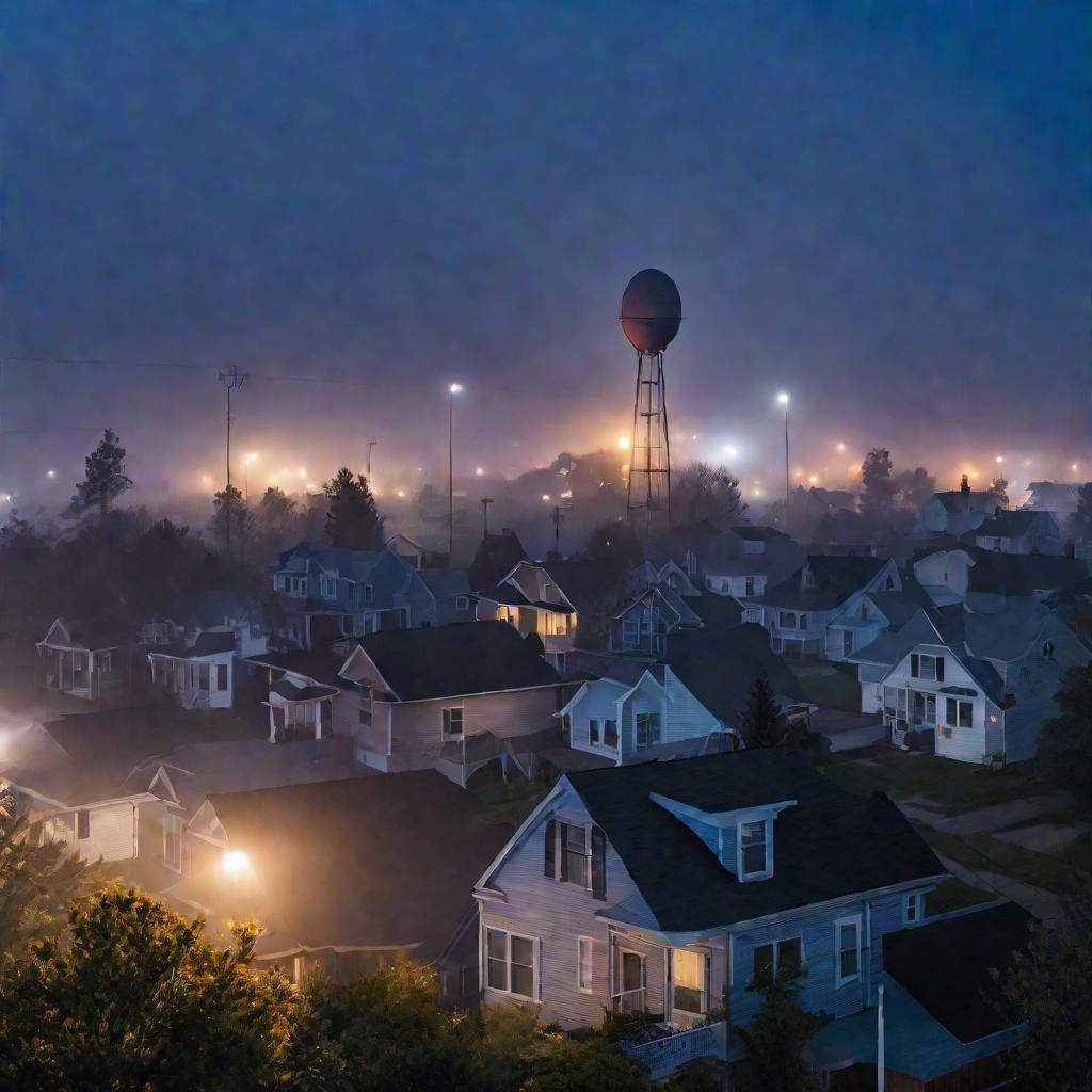 Широкий обзорный кадр района города в туманное утро перед восходом солнца. На крыше дома впереди мужчина в страховочном снаряжении устанавливает большую спутниковую антенну.