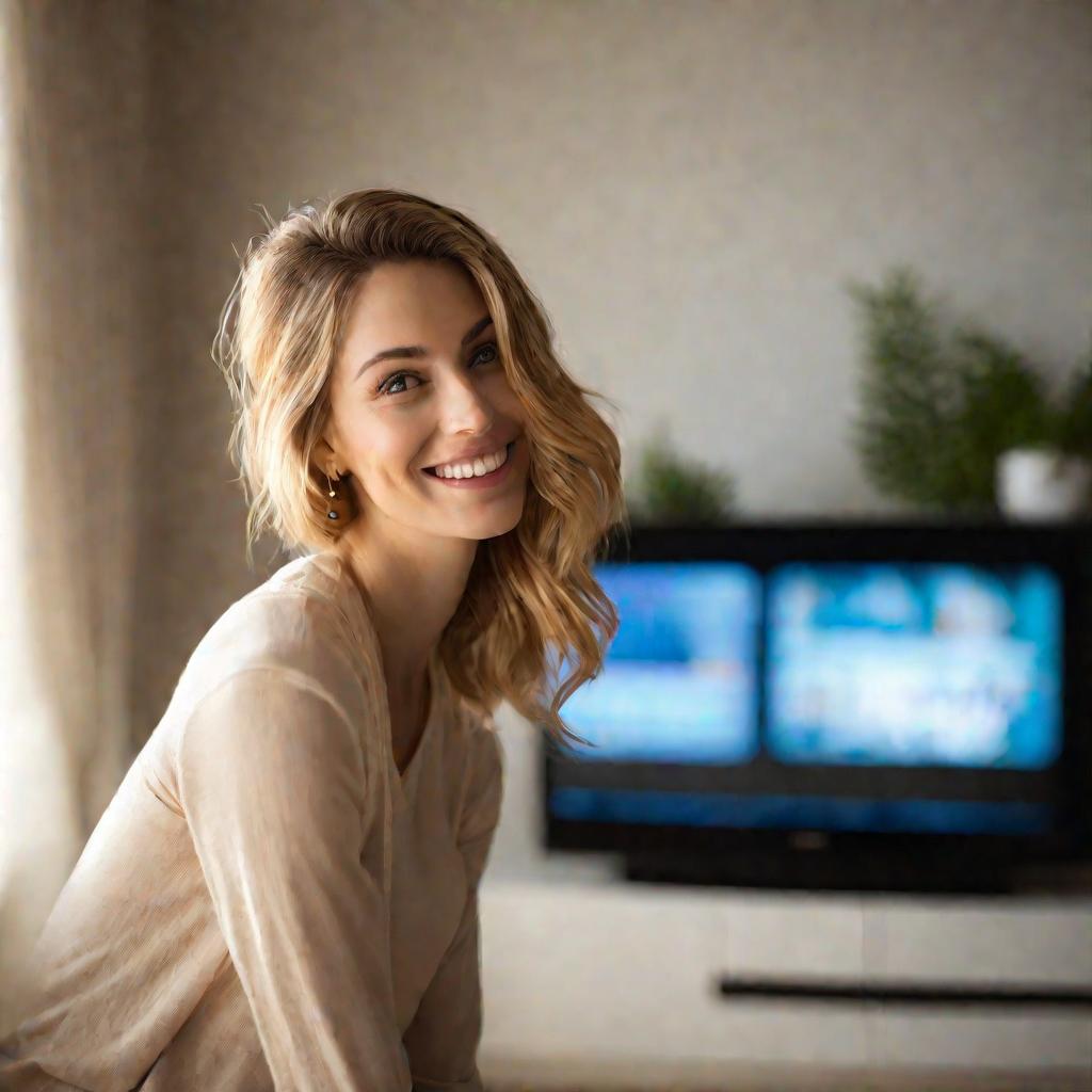 Крупный план молодой женщины в гостиной с довольной улыбкой рядом с большим телевизором, на котором отличное изображение. Это результат точной настройки спутниковой антенны.