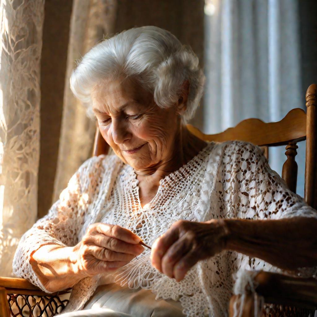 Пожилая женщина вяжет салфетку