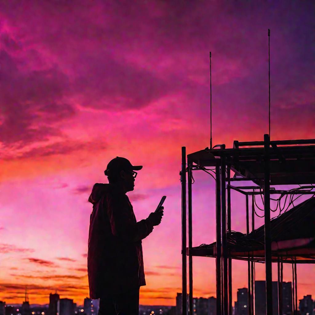 Изображение 3: Кинематографический широкий пейзаж современного городского силуэта на закате с ярким оранжево-розовым небом. На переднем плане крыша, на которой силуэт человека стоит и держит беспроводной роутер, подключая кабели на фоне драматичного закат