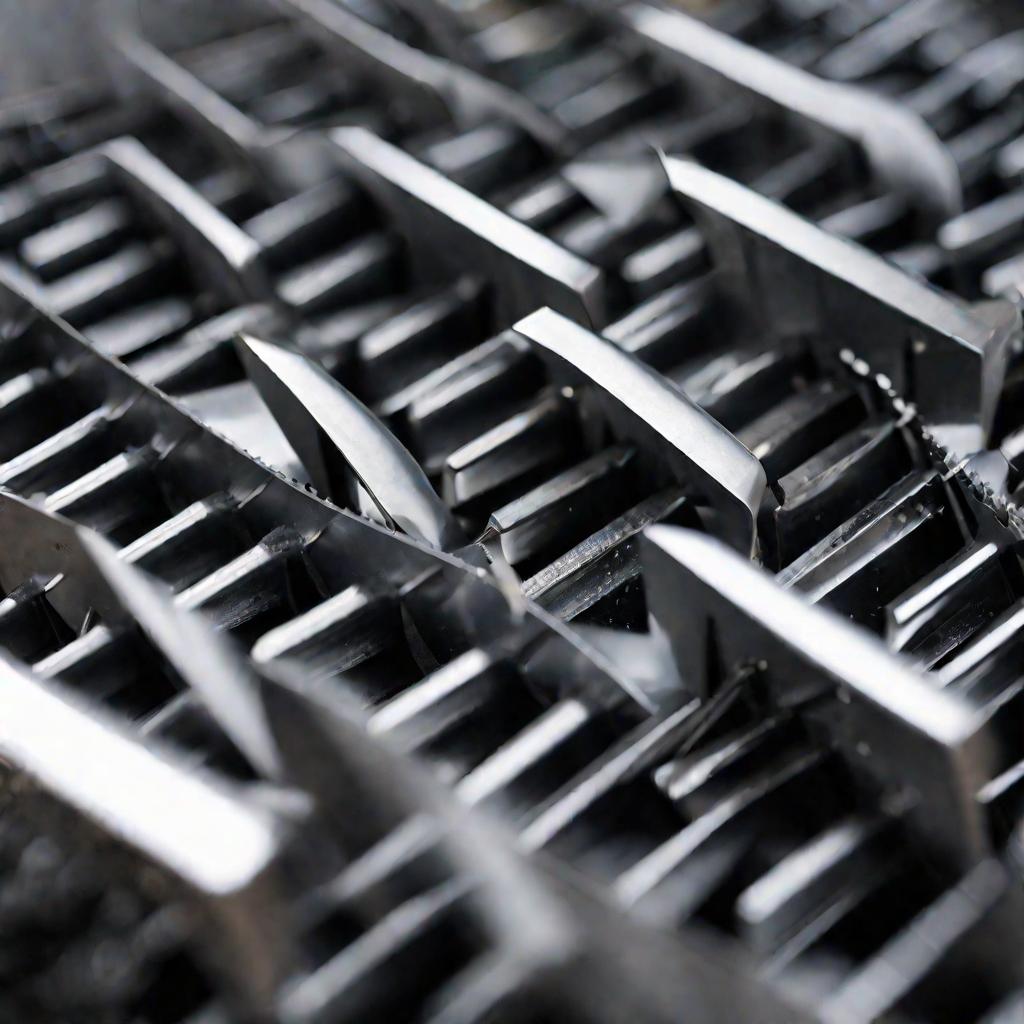 Крупный план острых металлических ножей внутри промышленной дробилки для пластика в пасмурный день.