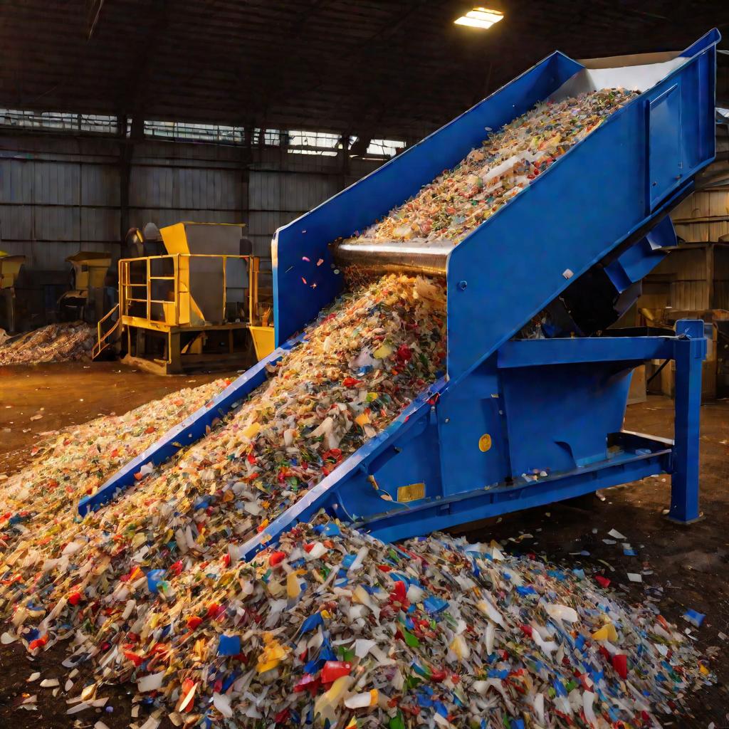 Средний план работающей дробилки для пластика на заводе по переработке в сумерки.