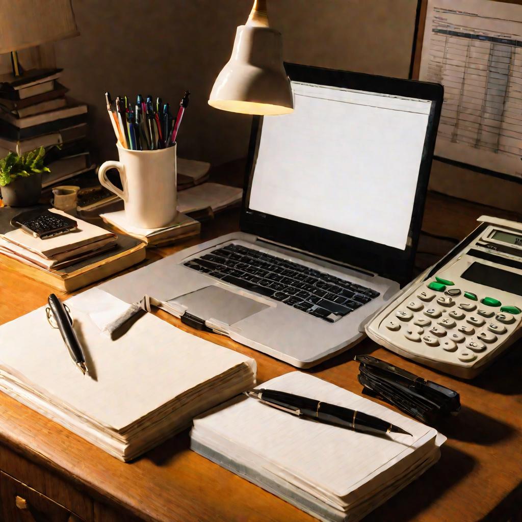 Рабочий стол, заваленный бумагами и калькулятором.