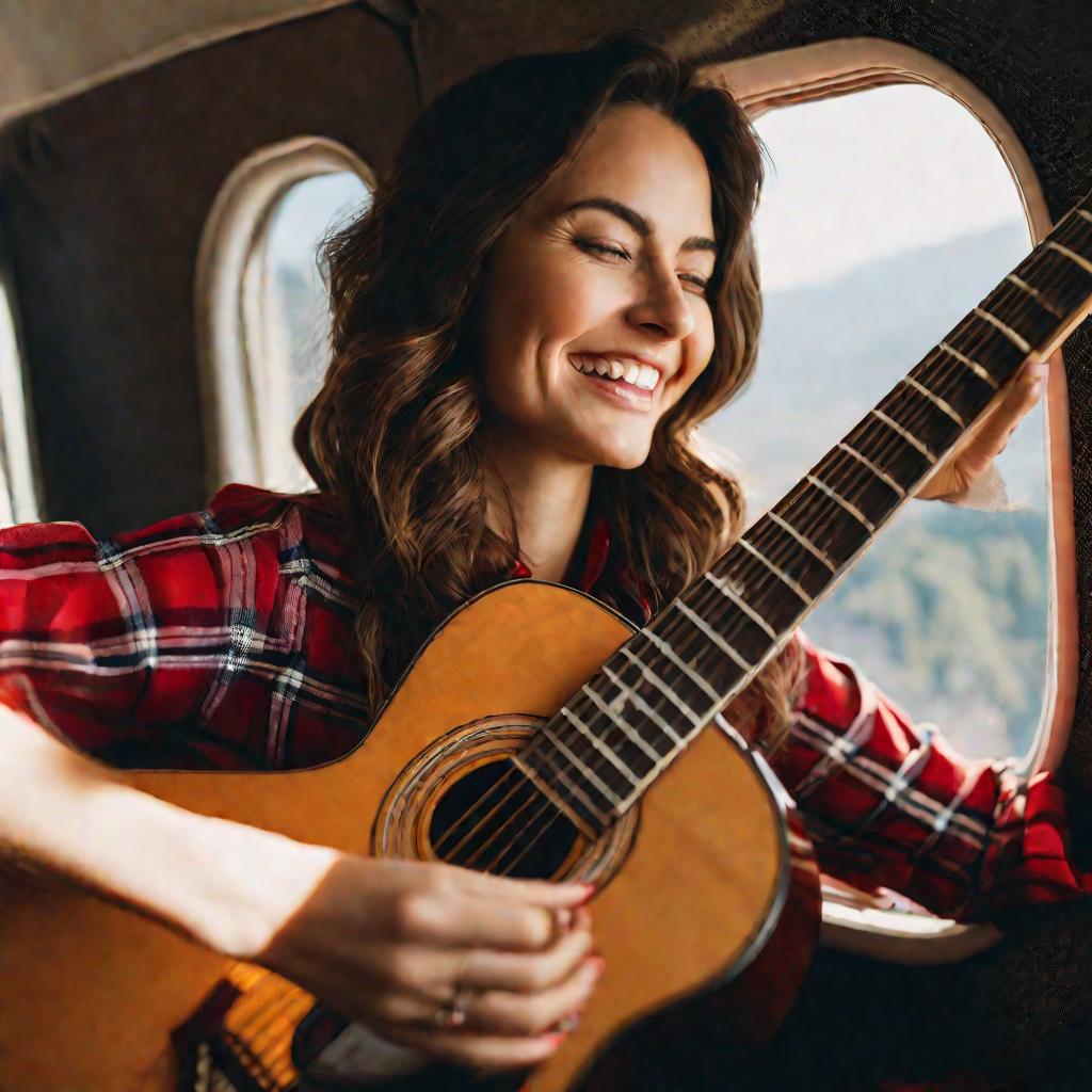 Женщина с гитарой в самолете