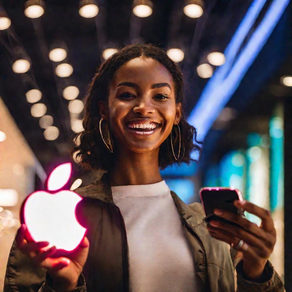 Крупный план снизу на портрет молодой женщины, радостно держащей свой новый iPhone 13 Pro на фоне яркой неоновой подсветки магазина Apple. Она с любопытством смотрит на экран телефона, освещенного мерцающим свечением. Ее выражение полно радости и восторга
