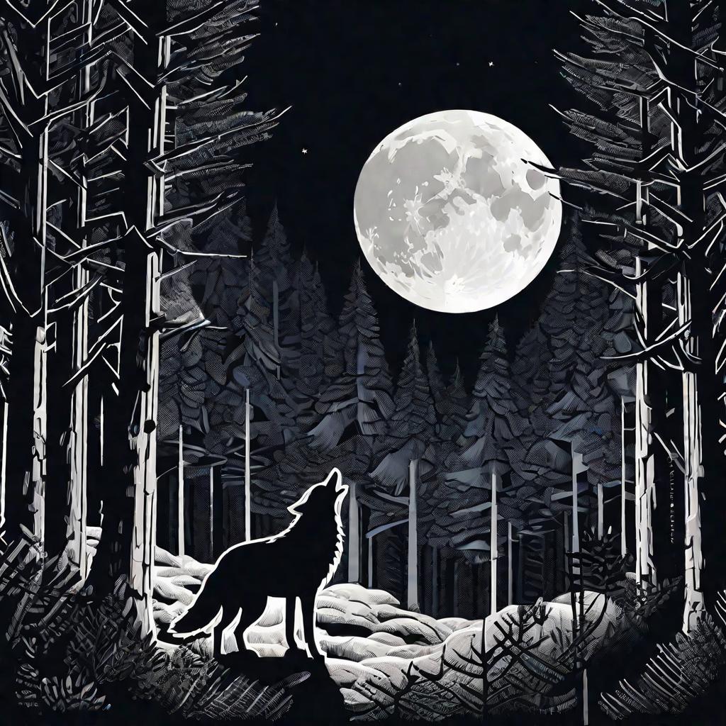 Волк в лесу ночью