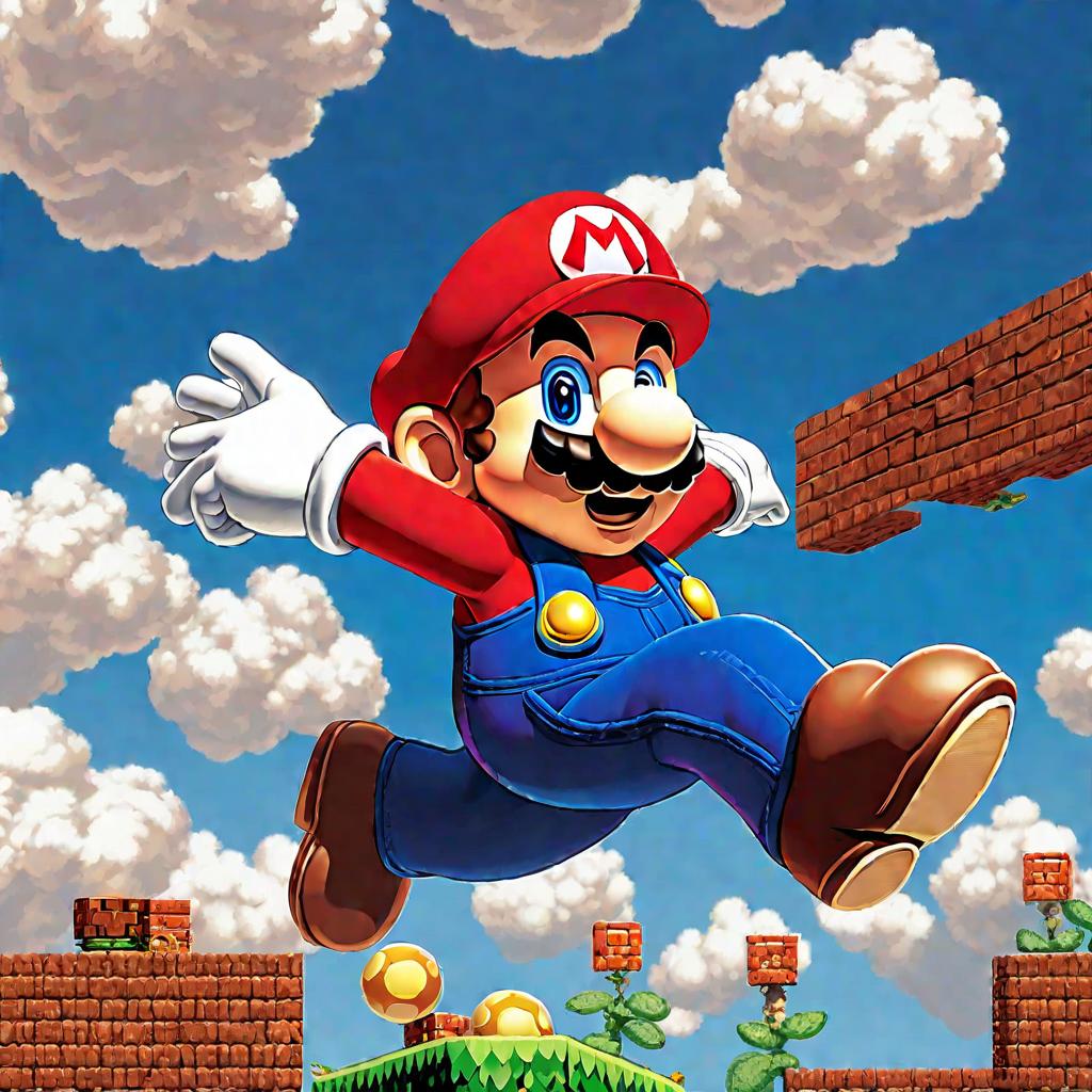 Пиксельный Марио прыгает вверх с поднятым кулаком на фоне голубого неба с облаками