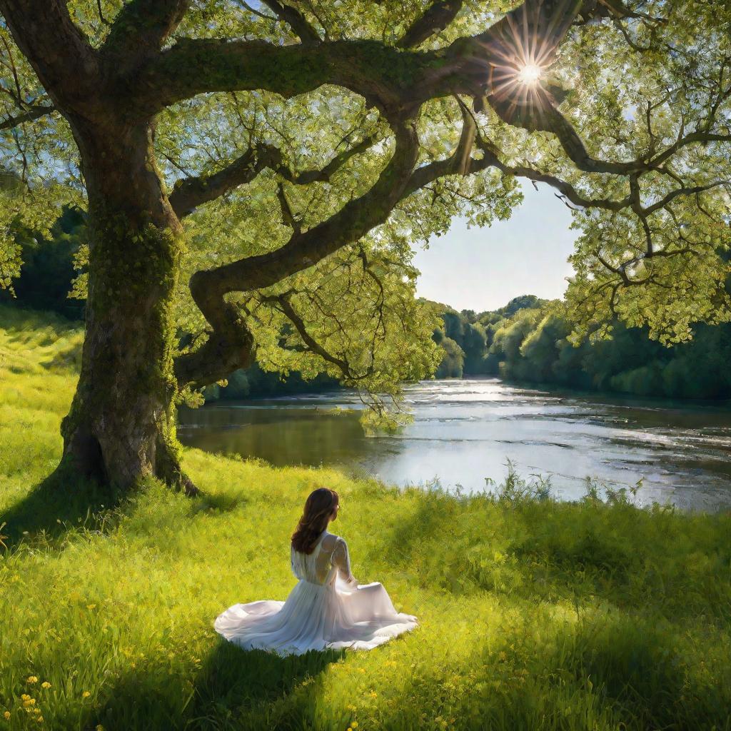 Женщина в белом платье сидит у дерева и смотрит на реку