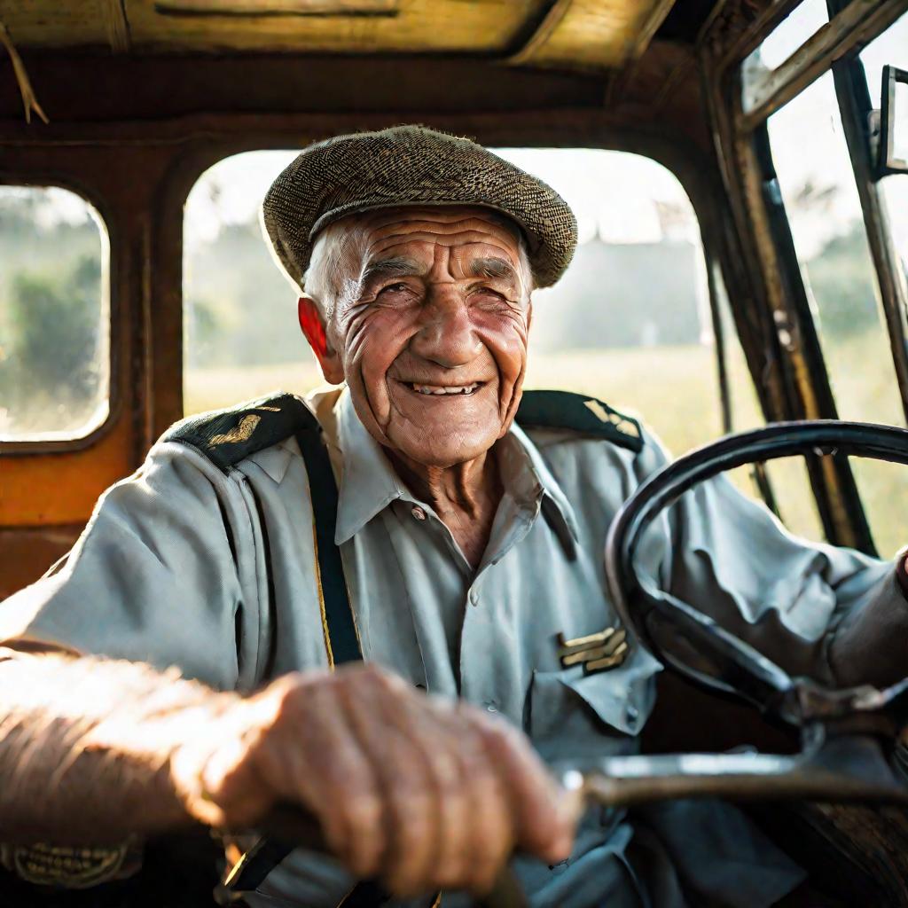 Портрет пожилого водителя автобуса МАЗ-205 в салоне на рассвете