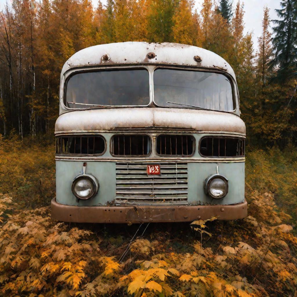 Общий план: заброшенный автобус МАЗ-205 стоит на окраине города осенью