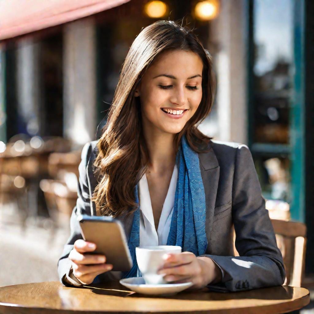 Девушка смартфоном на фоне кафе