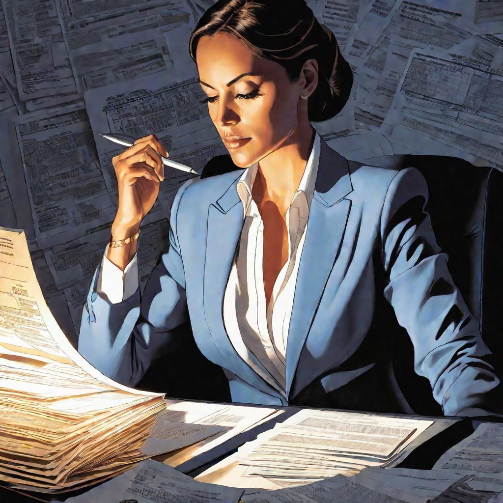 Портрет деловой женщины за работой с налоговыми документами.