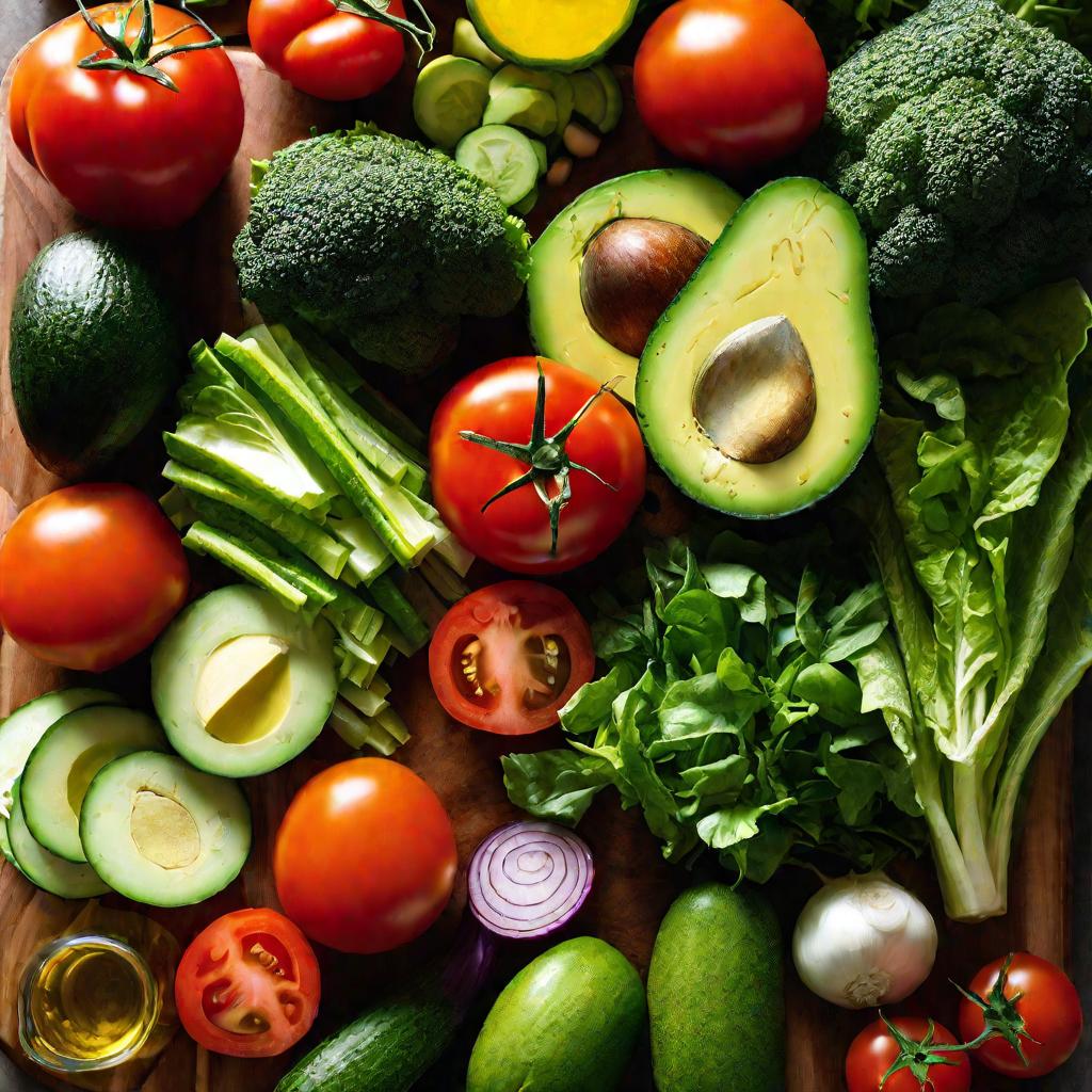 Разноцветные овощи для салата на доске.