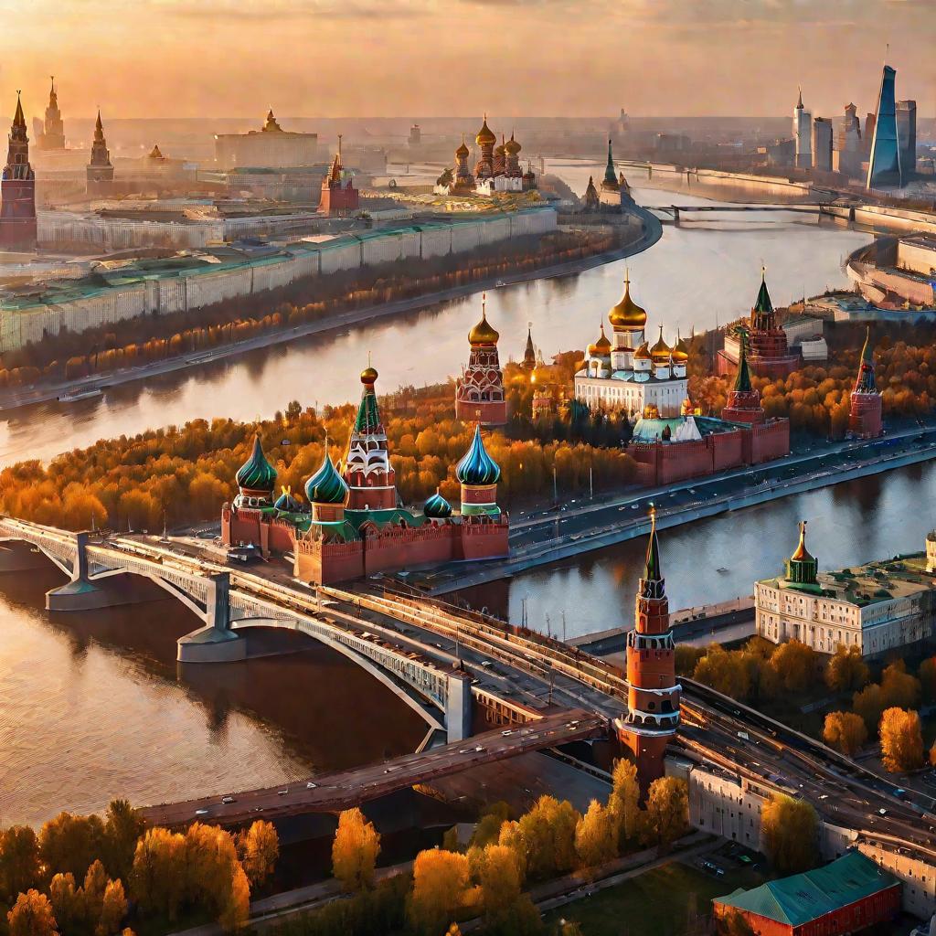 Вид Москвы с высоты на рассвете