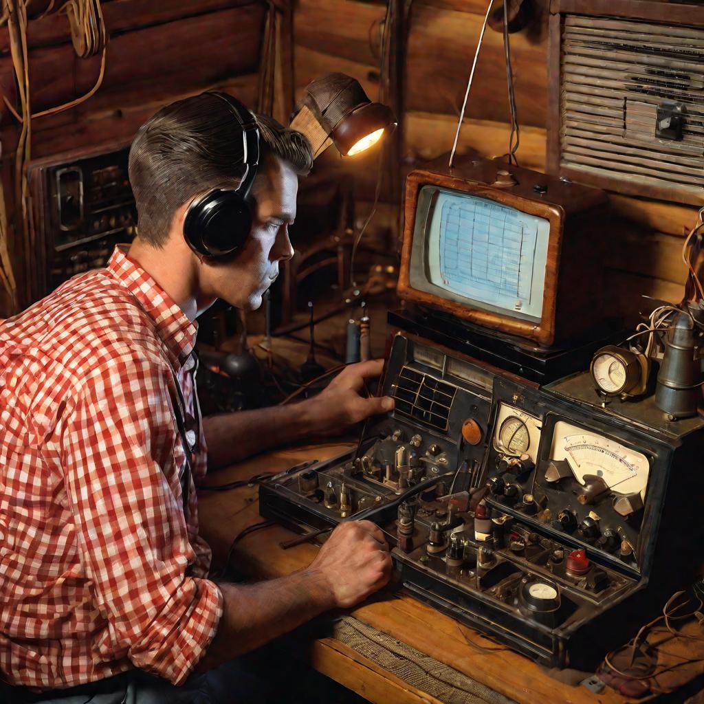 Оператор коротковолновой радиостанции настраивает приемник вечером в деревянной хижине