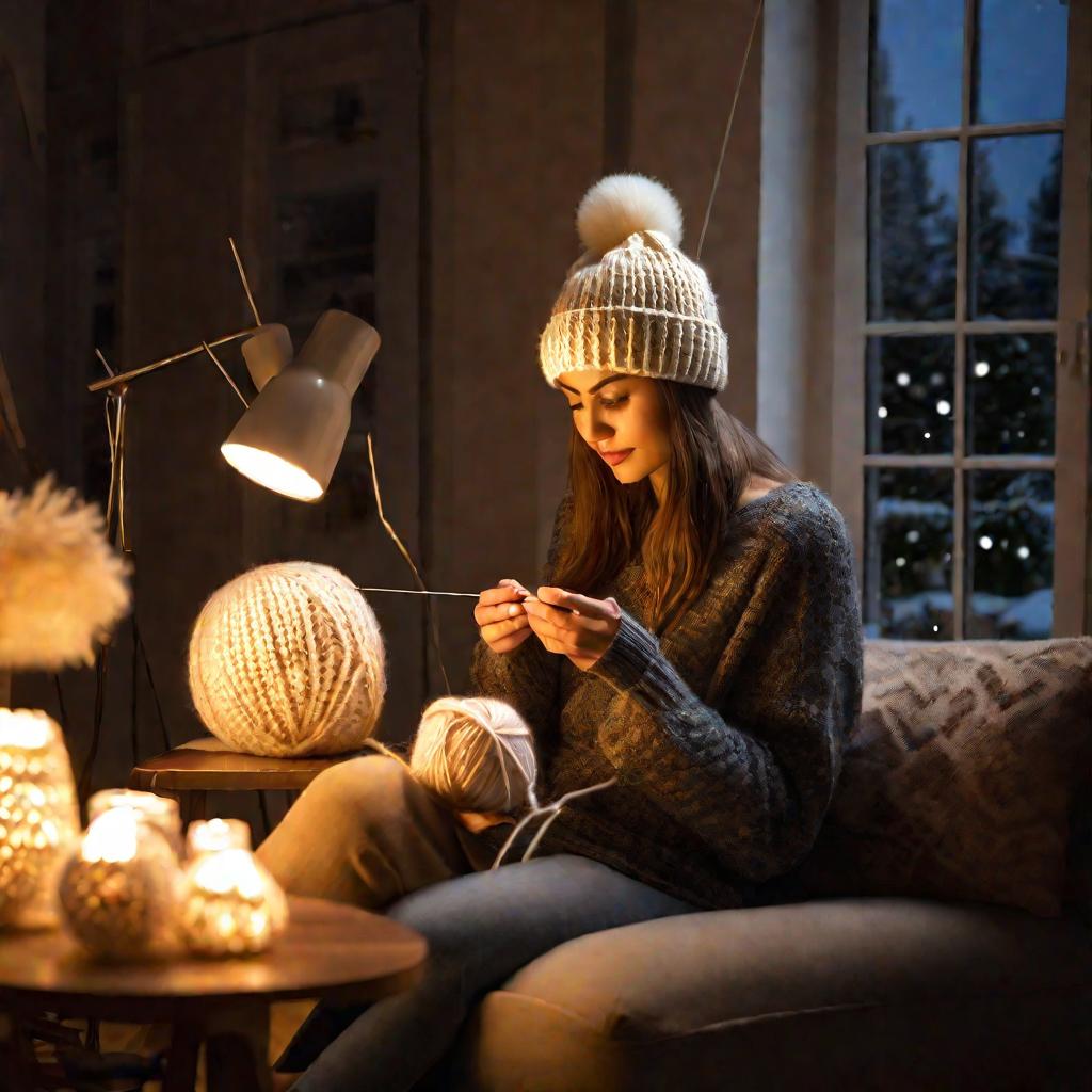 Женщина вяжет шапку спицами в гостиной зимним вечером